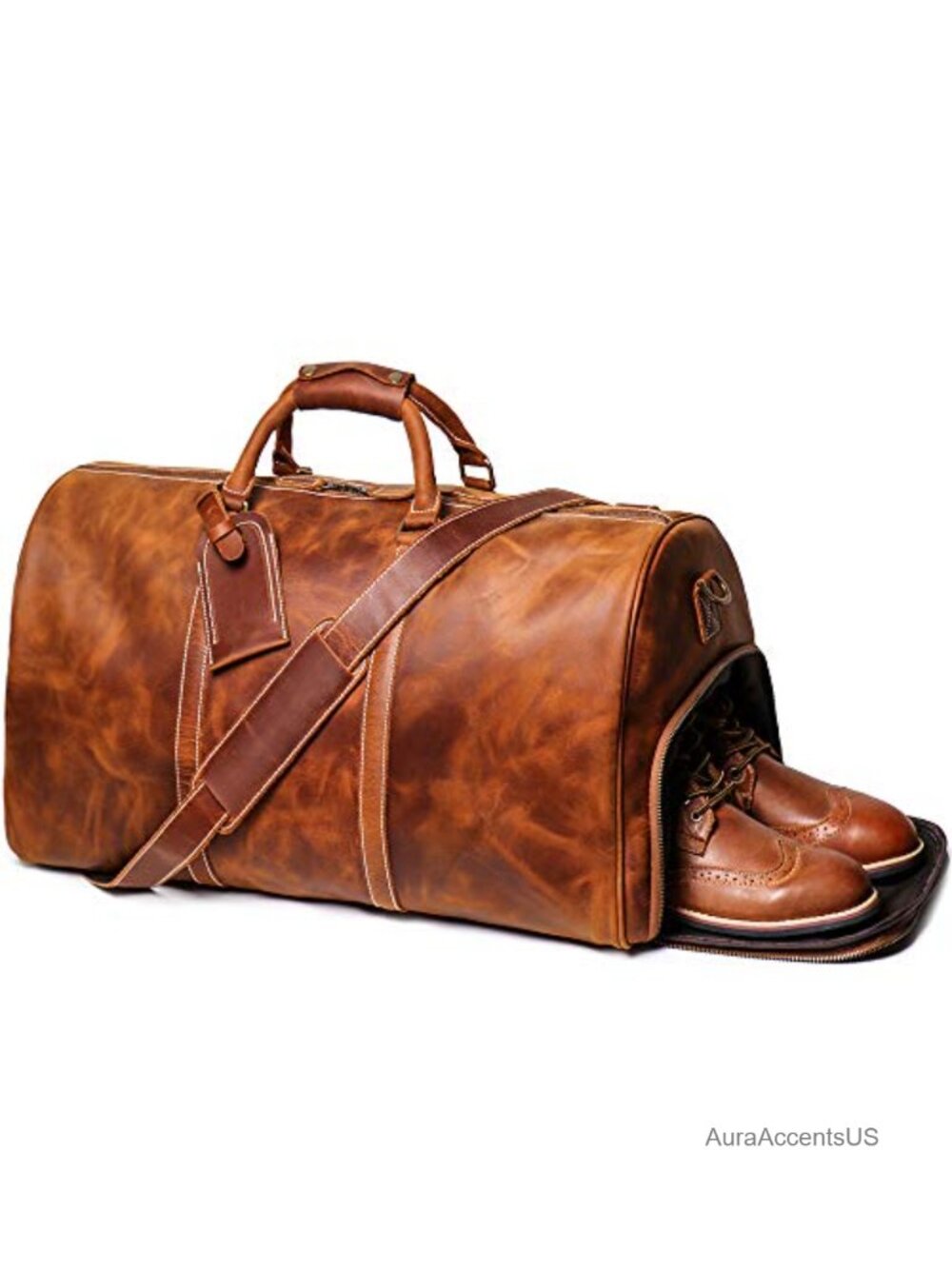 Full Grain Leather Travel Weekender Duffle Bag YKK Zipper Carry On Handbag